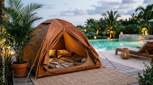 Luxurious Tropical Resort Poolside with Tent and Lounge Chairs.