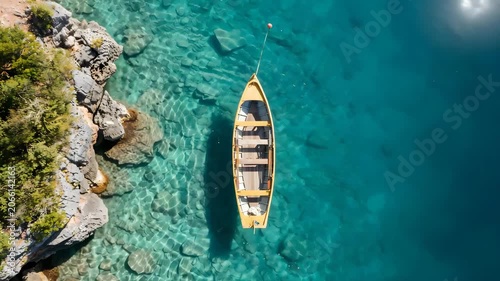 Aerial view of a small wooden boat floating on crystal clear turquoise water near rocky shoreline with lush greenery on a sunny day for travel and adventure concepts