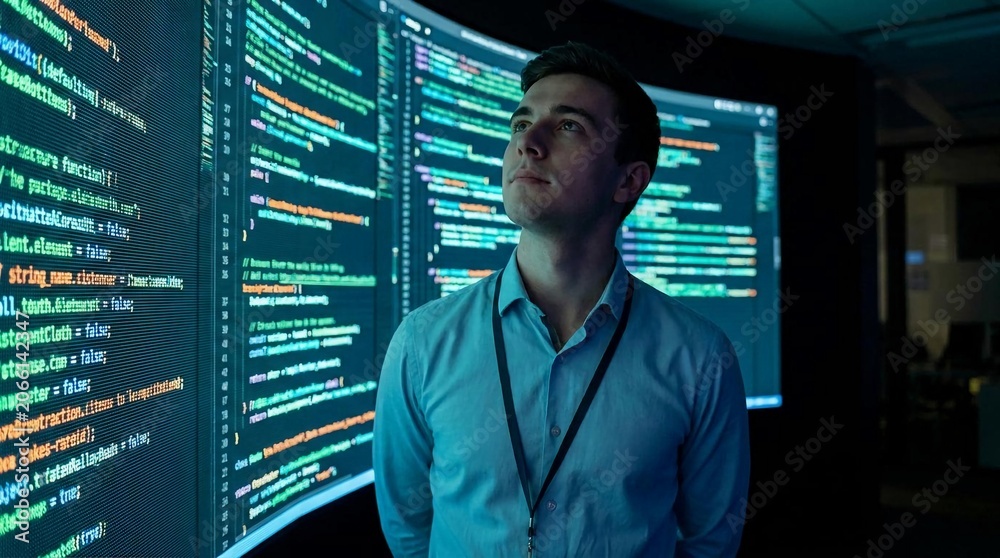 Fototapeta premium Cybersecurity Analyst Monitoring Data Security in High Tech Environment.