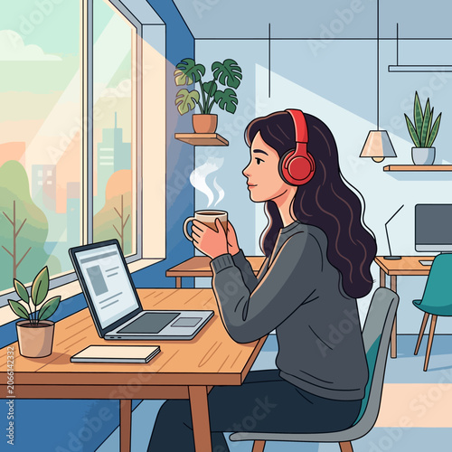 A focused young woman, wearing red headphones, sips a warm drink while working diligently on her laptop in a sunlit home office overlooking a vibrant city.