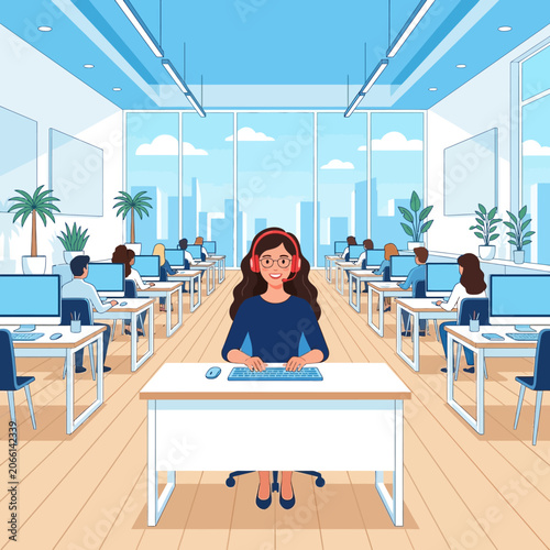 A smiling woman wearing headphones actively works at her computer amidst numerous colleagues in a sleek, modern open-plan office with a cityscape view.