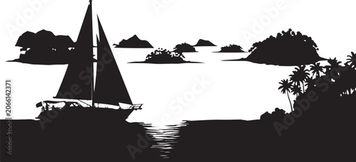 Sailing Ship Silhouette on Sea with Sailboat and Ocean Travel Landscape