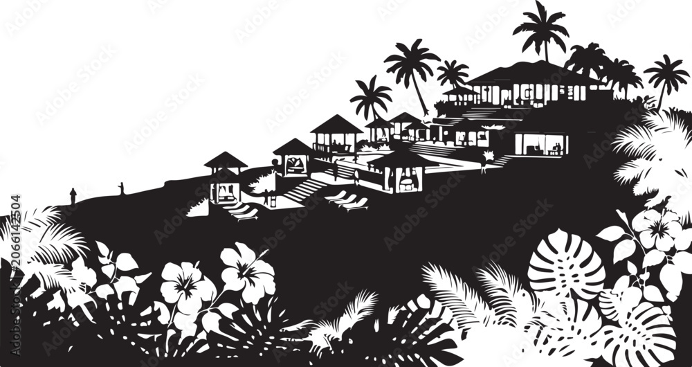 Naklejka premium Tropical Landscape with Palm Trees and Farm House Vector Illustration