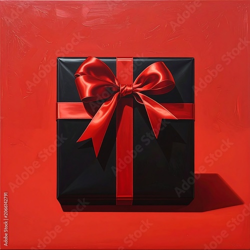 A black gift box with a red bow on a red background