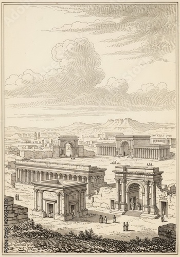 Ancient architectural structures with arches and columns under cloudy skies
