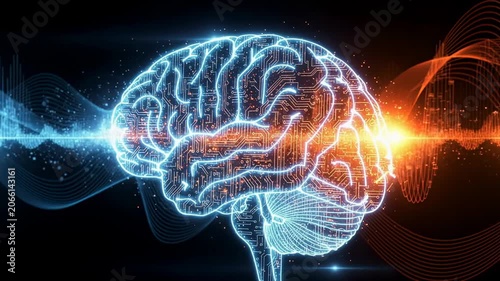 Digital illustration of glowing brain with circuit board and sound waves representing artificial intelligence and neural networks
