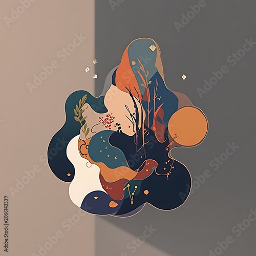 Abstract Shape with Plant and Geometric Elements Against Two Toned Background