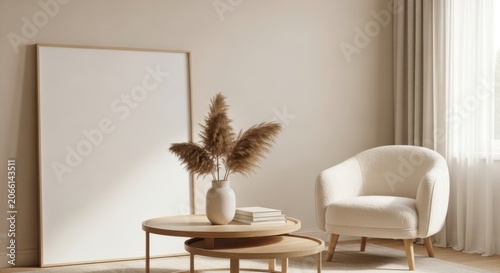 Cozy scandinavian living room with plush armchair and natural decor