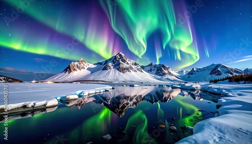 A serene snowy landscape under the vibrant aurora borealis