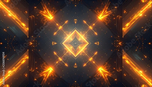A symmetrical abstract design with glowing orange lines and shapes
