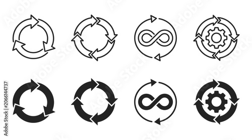 Circular cycle and continuous process logic icons set with circular infinity workflow rotation continuation