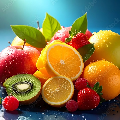 A vibrant arrangement of fresh fruits on a blue surface