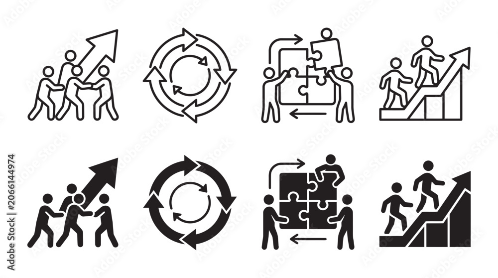 Fototapeta premium Business development and growth strategy icons set with business strategy development teamwork climbing interface