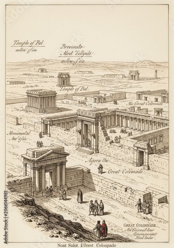Ancient city architectural illustration depicting buildings and landscapes