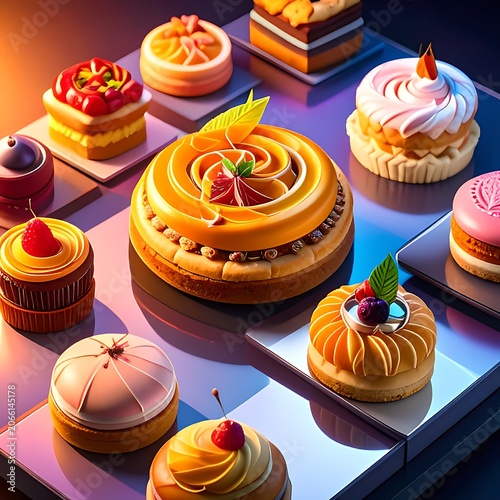 A vibrant display of assorted desserts on square plates