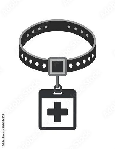 A black leather dog collar with holes and a metal buckle holding a medical ID tag with a cross