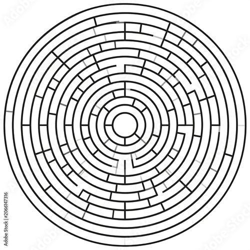 A black line drawing of a circular maze with concentric paths