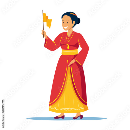 Woman in traditional red and yellow dress holding a flag