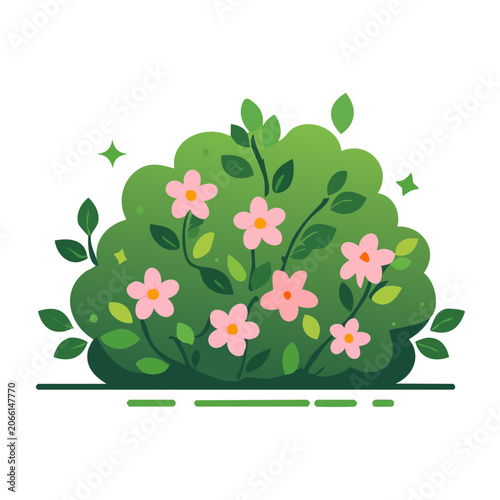 Pink flowering bush with green leaves illustration