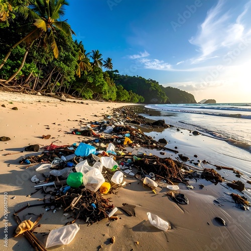A beach littered with trash and debris, with palm trees and hills in the background