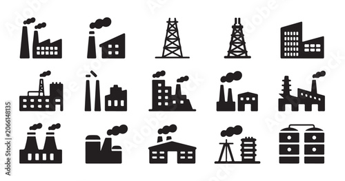 Photos Modern industrial architecture icons showing various factory designs for energy sector and mass production