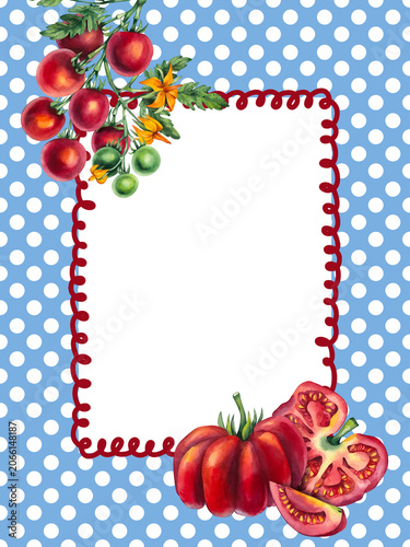 Tomato Girl Summer background with fresh red tomatoes, polka dot prints textile, Mediterranean market aesthetic, Italian summer lifestyle, rustic farmhouse charm, seasonal harvest concept