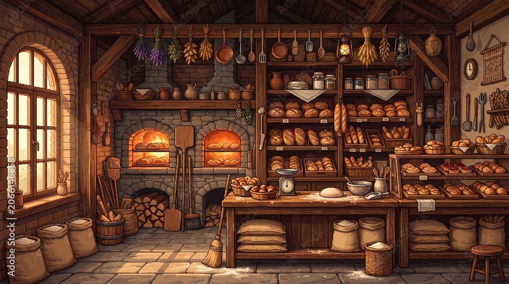 Naklejka premium Traditional rustic bakery interior featuring fresh bread loaves in a warm brick oven on white background