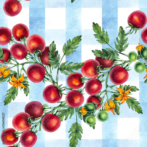 Tomato Girl Summer pattern with fresh red tomatoes, blue striped textile, Mediterranean market aesthetic, Italian summer lifestyle, rustic farmhouse charm