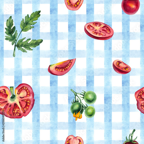 Tomato Girl Summer pattern with fresh red tomatoes, blue striped textile, Mediterranean market aesthetic, Italian summer lifestyle, rustic farmhouse charm