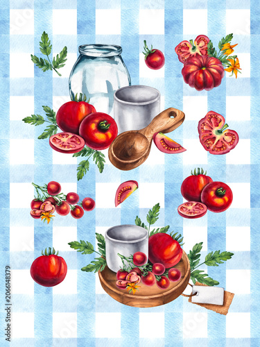 Tomato Girl Summer background with fresh red tomatoes, blue striped textile, Mediterranean market aesthetic, Italian summer lifestyle, rustic farmhouse charm, seasonal harvest concept