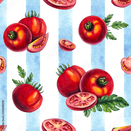 Tomato Girl Summer pattern with fresh red tomatoes, blue striped textile, Mediterranean market aesthetic, Italian summer lifestyle, rustic farmhouse charm