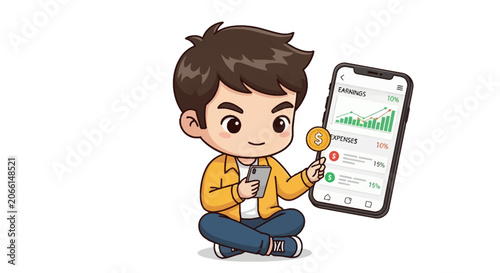 Cute chibi boy freelancer sitting and using a mobile app to track financial earnings and expenses displayed on a large smartphone screen with growth charts and a gold coin icon.