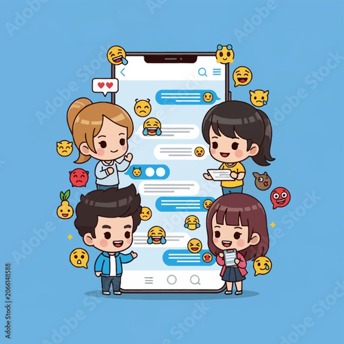 Vector illustration of four cute chibi friends chatting around a large smartphone screen featuring message bubbles and various floating emoji icons on a solid blue background.