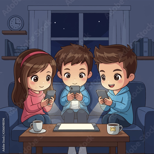 Three chibi children, one girl and two boys, sitting on a blue sofa at night using smartphones and a tablet on a coffee table in a cozy living room with a window view.