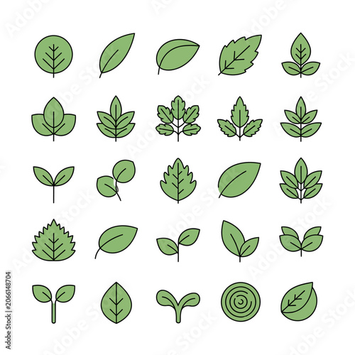 Set of green leaf icons representing nature ecology and botany vector illustration.