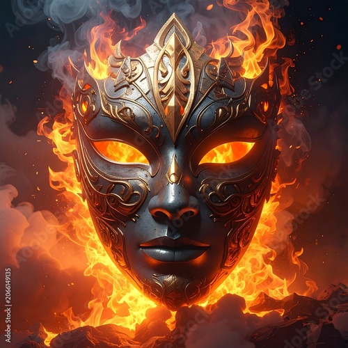 A black metallic mask with golden accents and orange glowing eyes surrounded by flames
