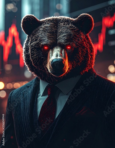 A bear in a business suit with glowing red eyes stands before a cityscape with red graphs