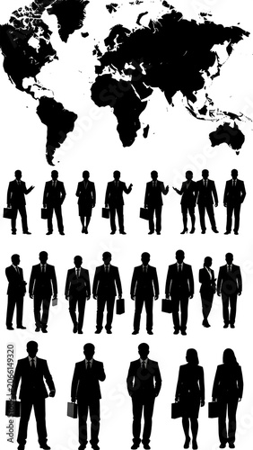 A black and white image of a world map and silhouettes of business people