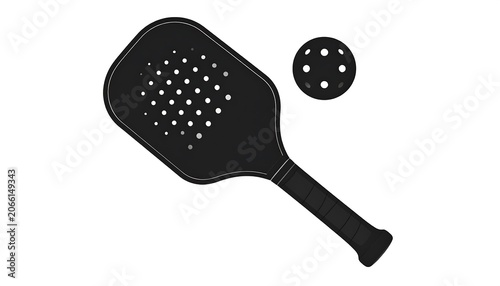 A black paddle and ball for a racquet sport on a white background