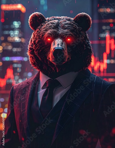 A bear in a suit with glowing red eyes stands before a cityscape at night