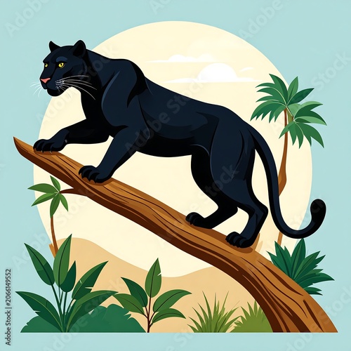 A black panther climbing a tree branch with tropical plants and a sun
