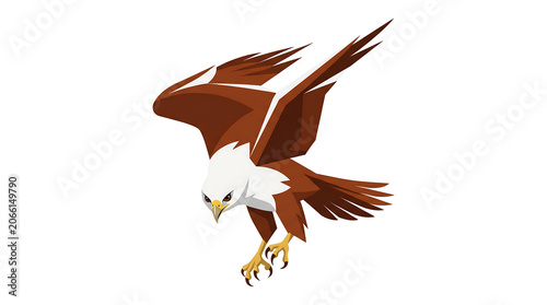 Minimalist full body flat vector illustration of a majestic eagle diving in flight with dynamic outstretched wings and sharp talons