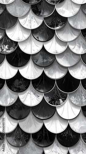 A black and white image of overlapping scales with a reflective surface