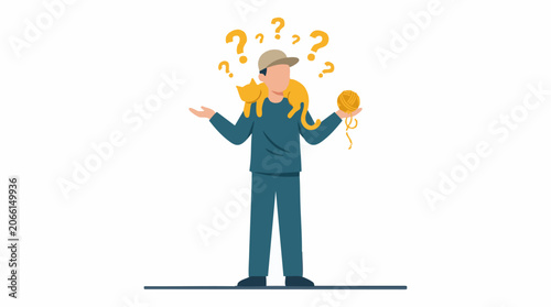 Quadro su tela Confused man with a cat on shoulder and yarn, surrounded by question marks
