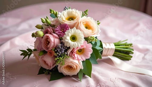 A beautiful bouquet of pastel roses and white flowers on a pink satin fabric