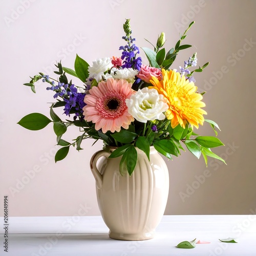 A beautiful bouquet of colorful flowers in a ceramic vase on a table