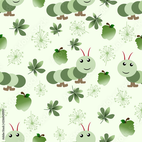 Hand-drawn,Seamless vector pattern with cute cartoon caterpillars, apples, and botanical elements. Kids fabric textile design, wrapping paper, and childish background.
