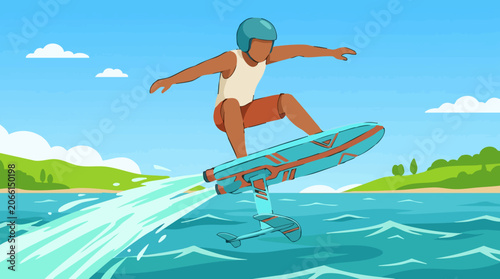 Photos Illustration of a person riding a hydrofoil jetboard on the water