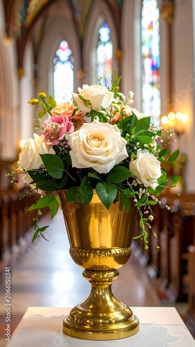 A beautiful bouquet of white and pink roses in a gold vase on a white table in a church