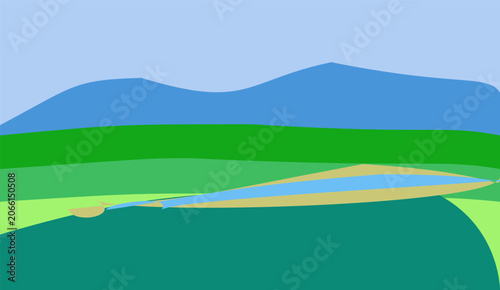 Colorful layered landscape illustration with hills and water